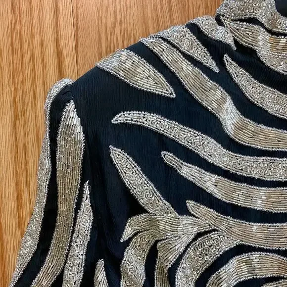 Vintage 1980s Black Beaded Silk Long Maxi Evening Gown Womens Medium - Picture 5 of 16